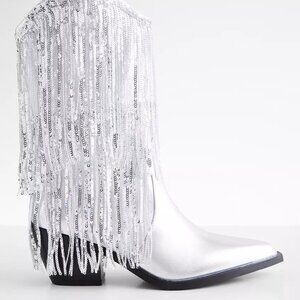 NWOB Azalea Wang Joyful Silver Metallic Sequin Fringe Cowboy Boots Size 8.5